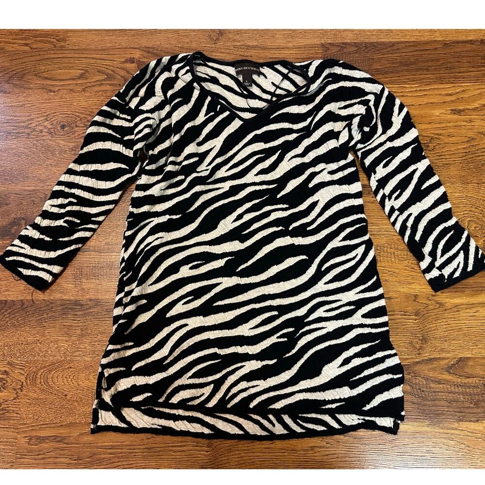 Dana Buchman Women's 100% Cotton Zebra Print Tunic Top 3/4 Sleeve Large